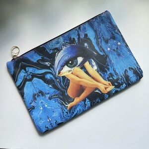 Leather Avant-Garde Artist Print Blue Clutch NWT